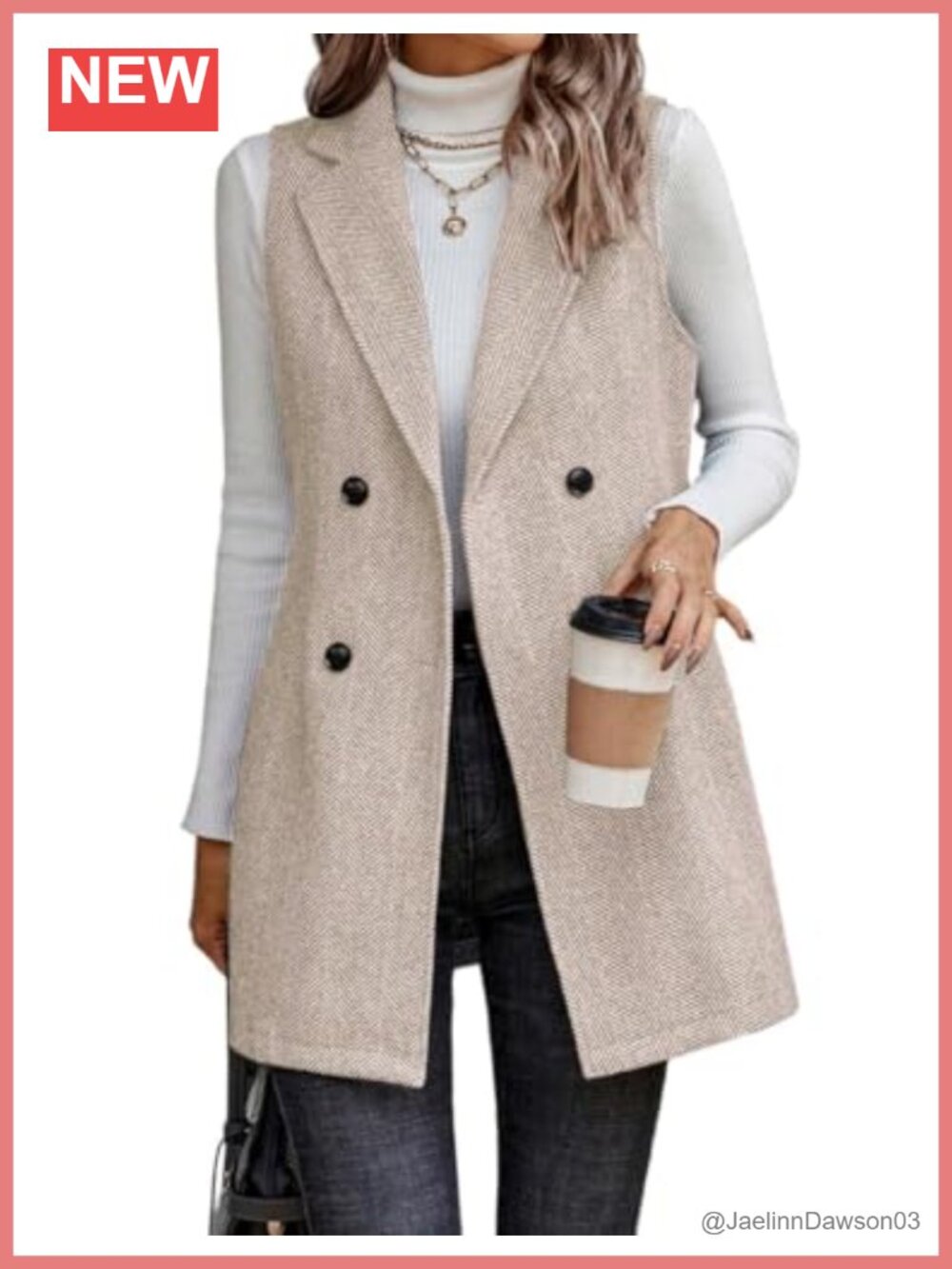 Women's Sleeveless Tweed Blazer Long Vest Herringbone Wool Blend